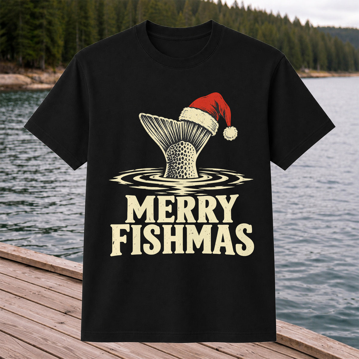 Merry Fishmas Santa Hat Trout Fishing Graphic T-Shirt