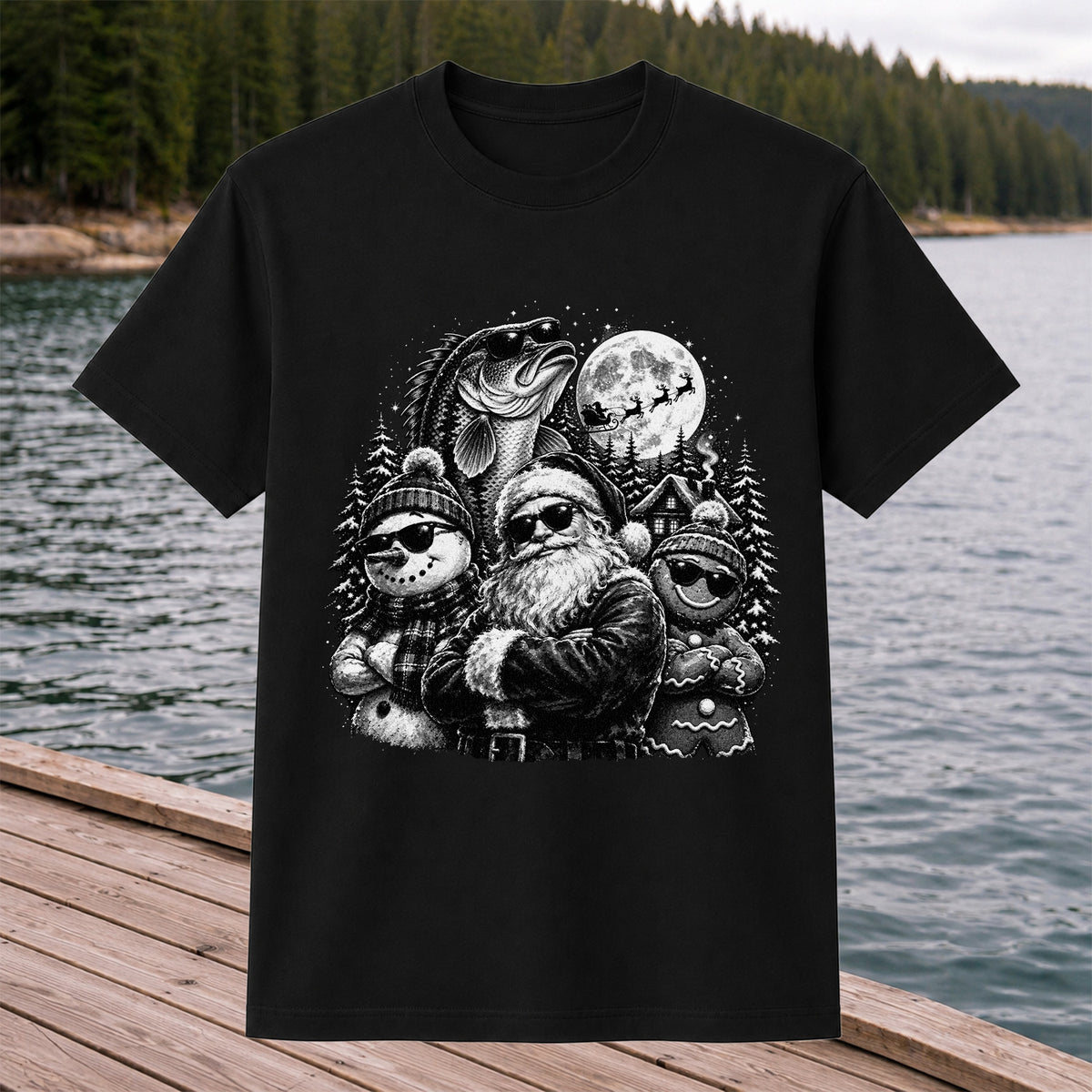 Santa Snowman Gingerbread and Bass Christmas Fishing T-Shirt