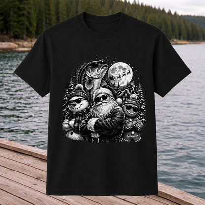 Santa Snowman Gingerbread and Bass Christmas Fishing T-Shirt