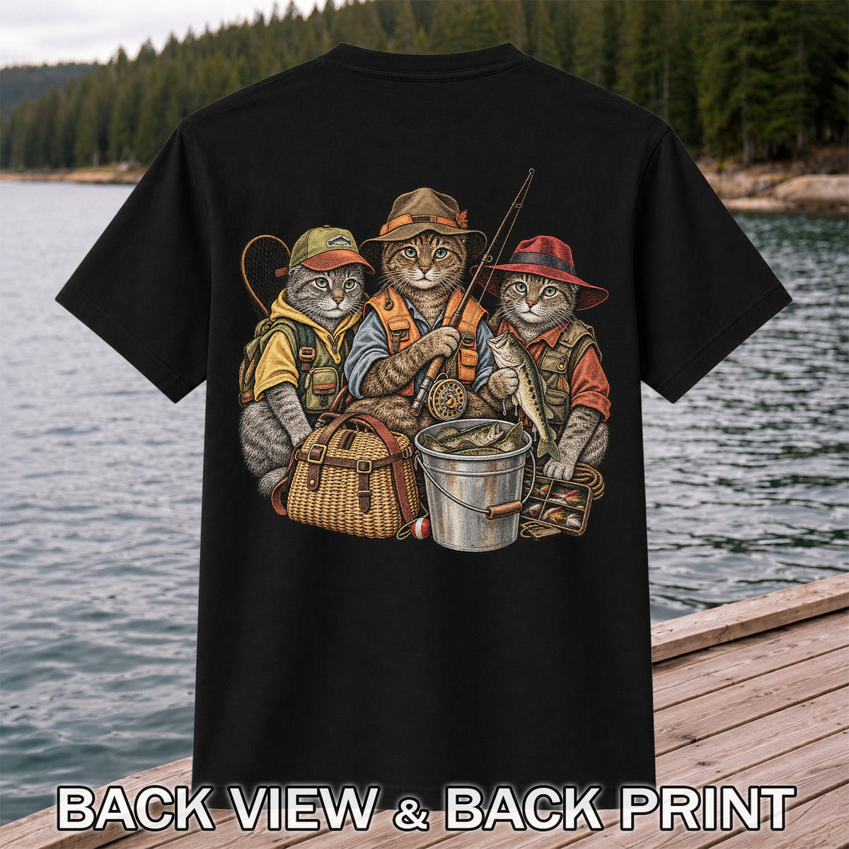 Three Fishing Cats with Rod and Catch Vintage Graphic T-Shirt | Back Print