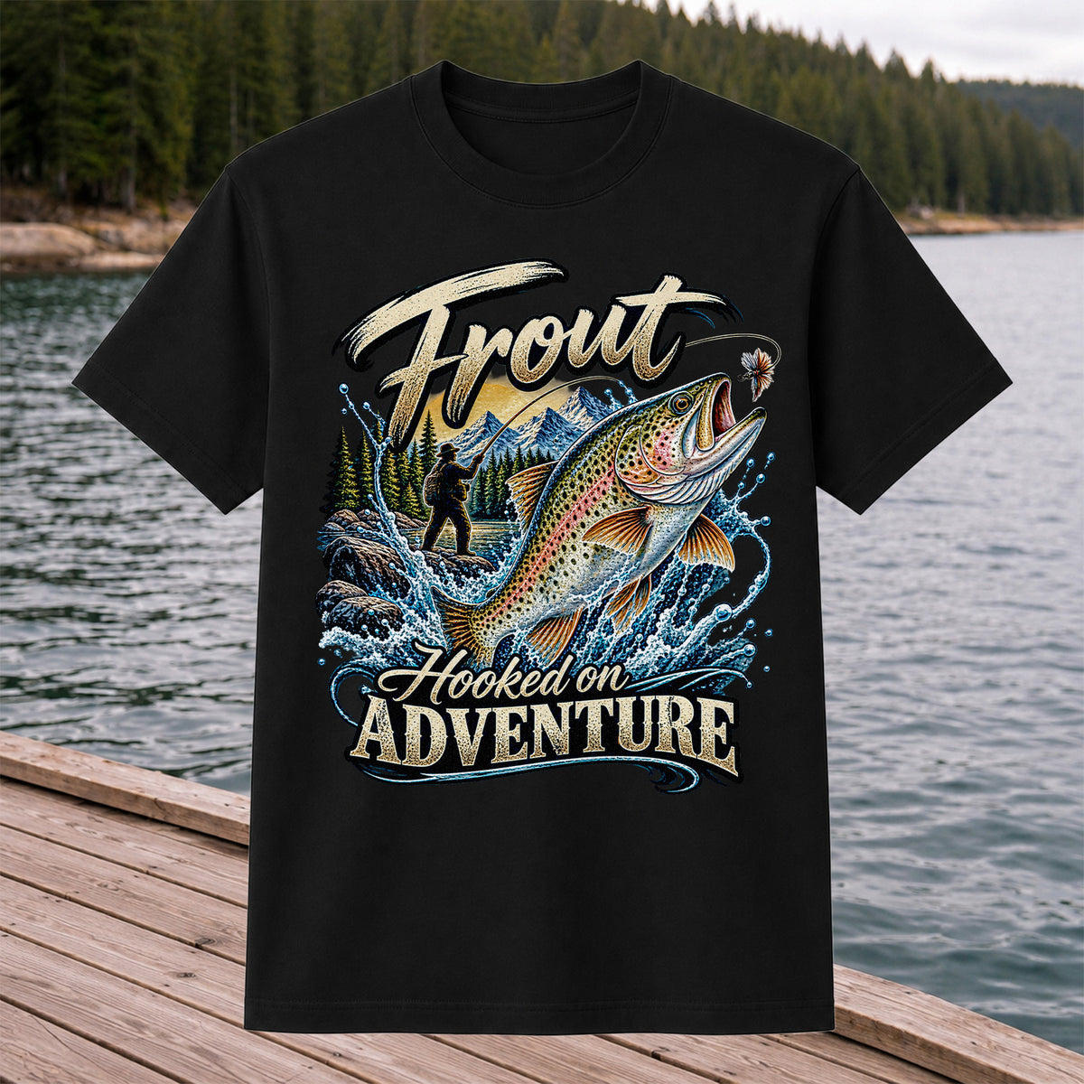 Trout Hooked on Adventure Mountain Fly Fishing T-Shirt