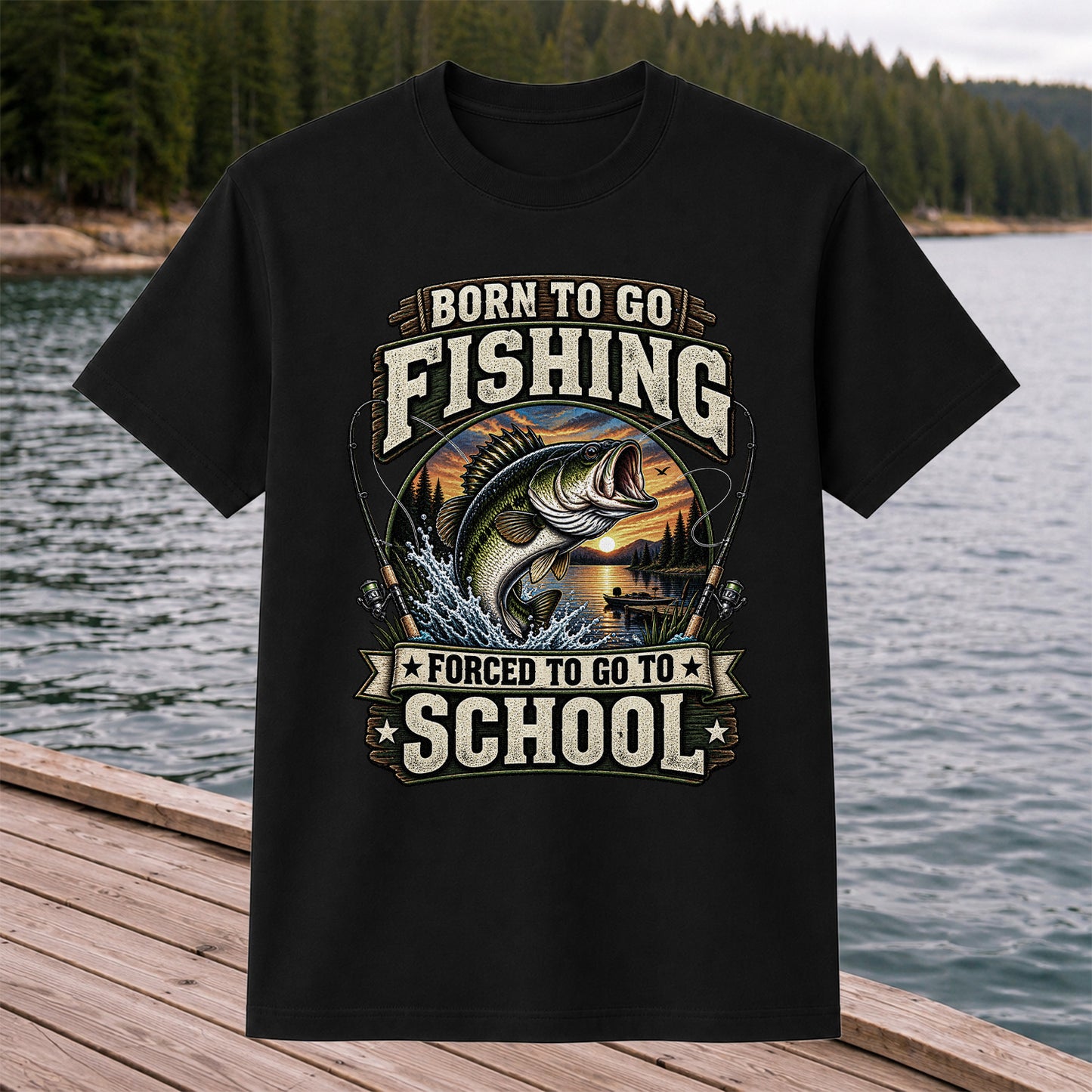 Born to Go Fishing Forced to Go to School Bass Fishing T-Shirt