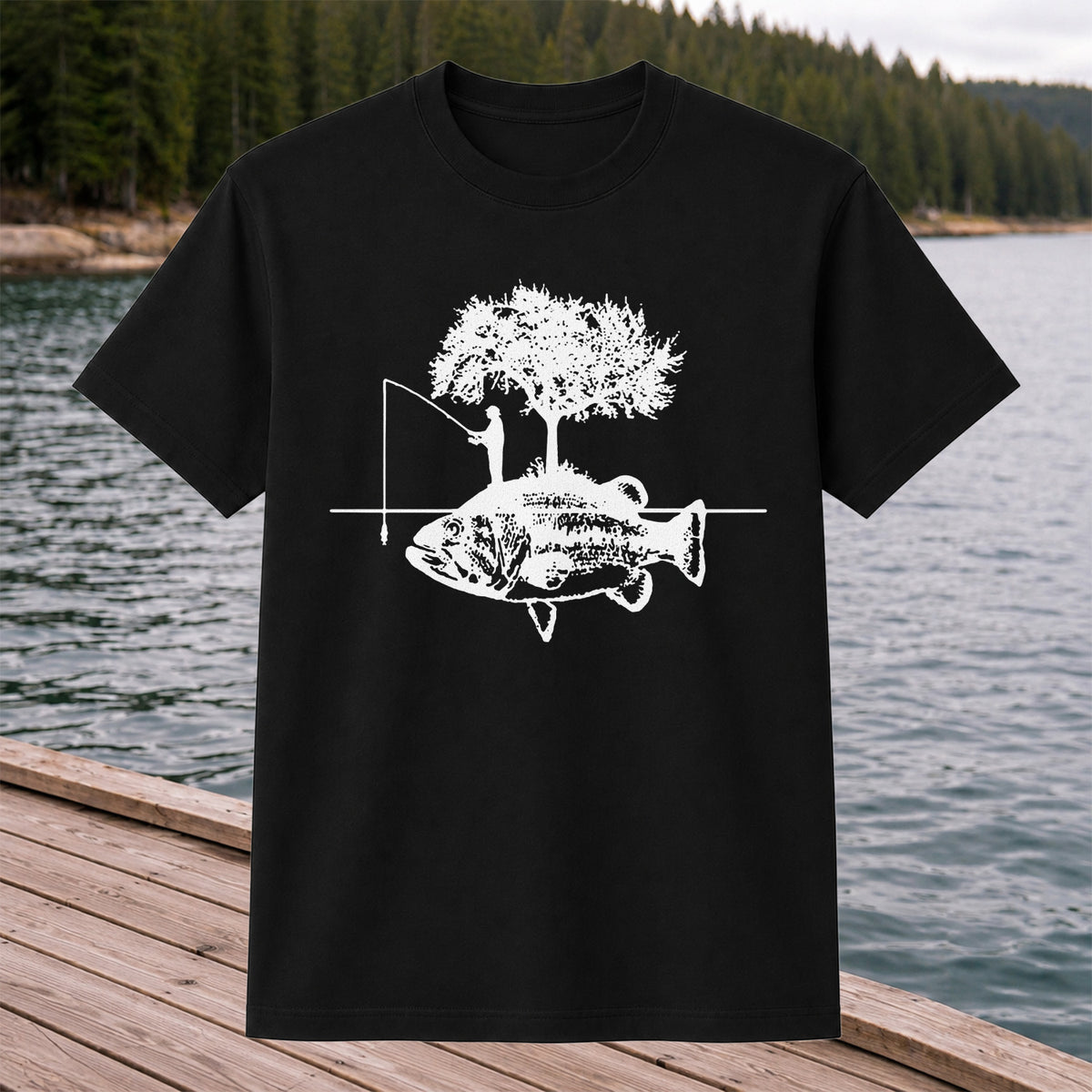 Fish and Tree Silhouette Fishing Graphic T-Shirt