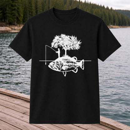 Fish and Tree Silhouette Fishing Graphic T-Shirt