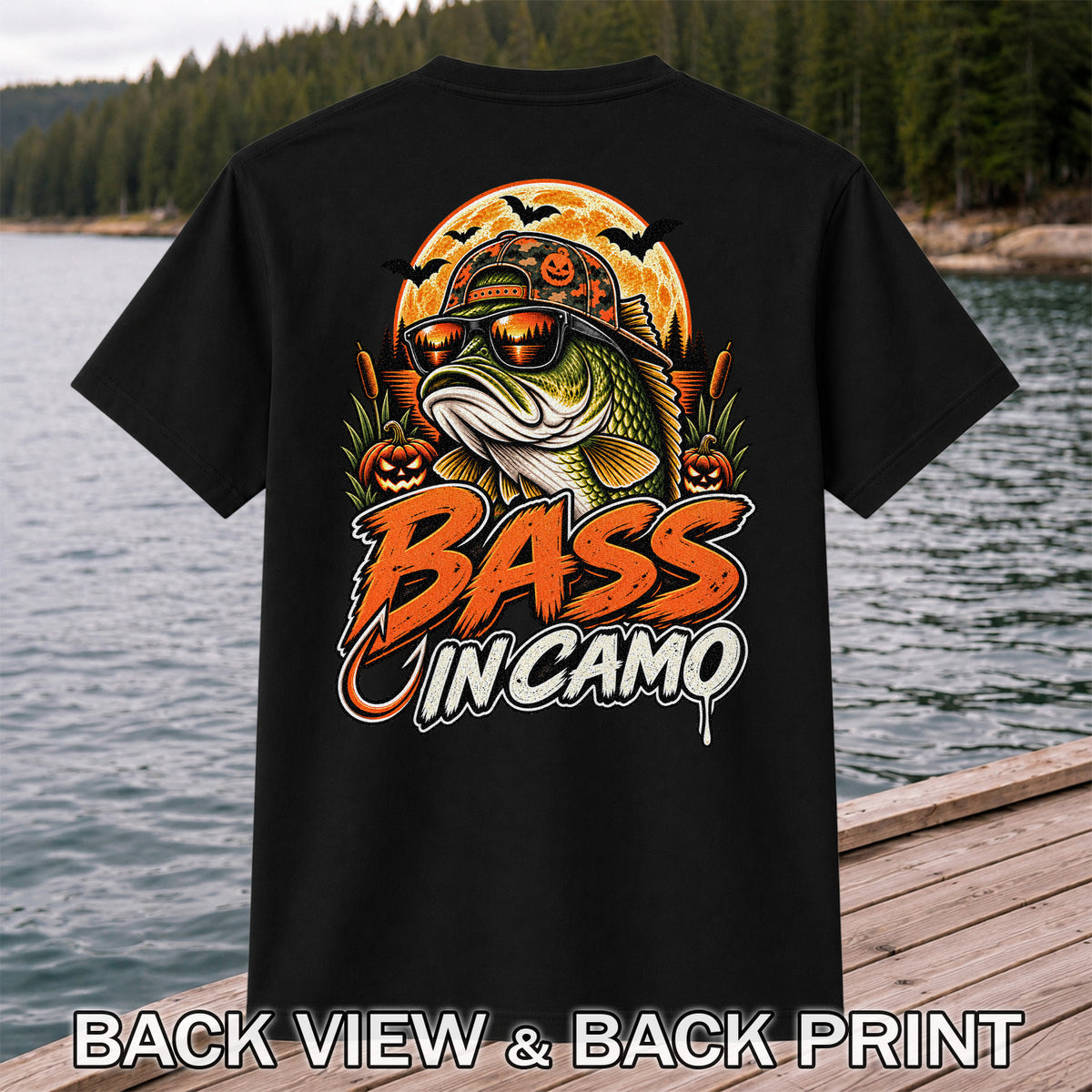 Bass in Camo Halloween Bass Fishing Graphic T-Shirt | Back Print