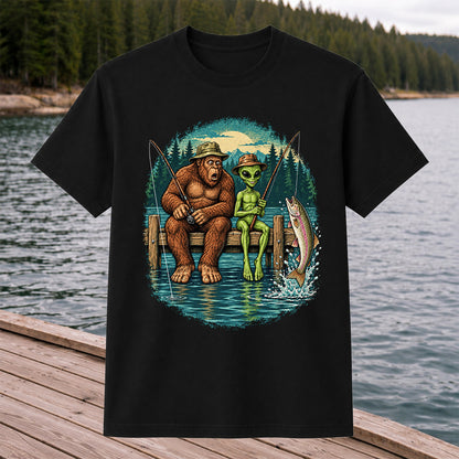 Bigfoot and Alien Fishing on a Dock with Rainbow Trout Graphic T-Shirt