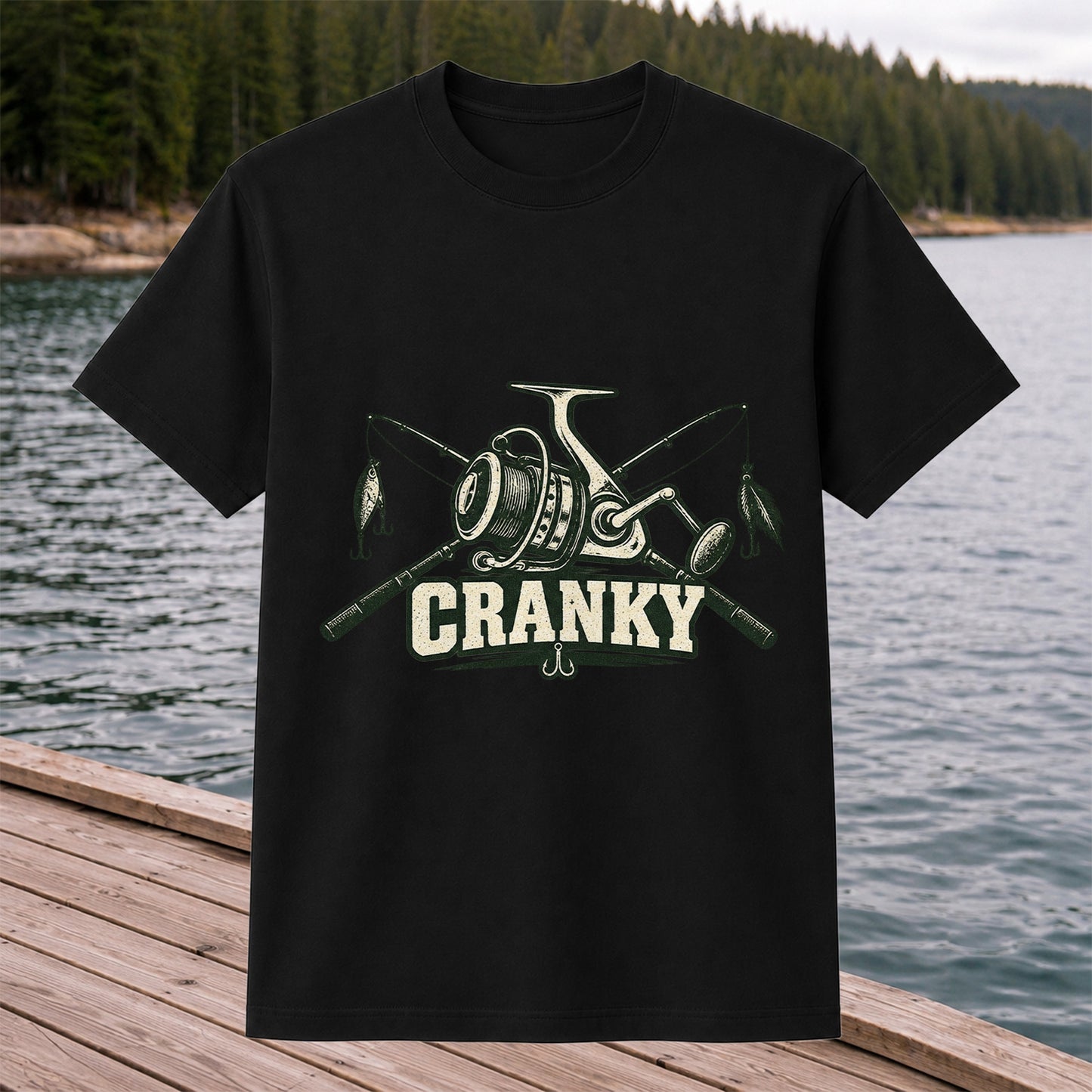 Cranky Fishing Reel and Crossed Rods Graphic T-Shirt