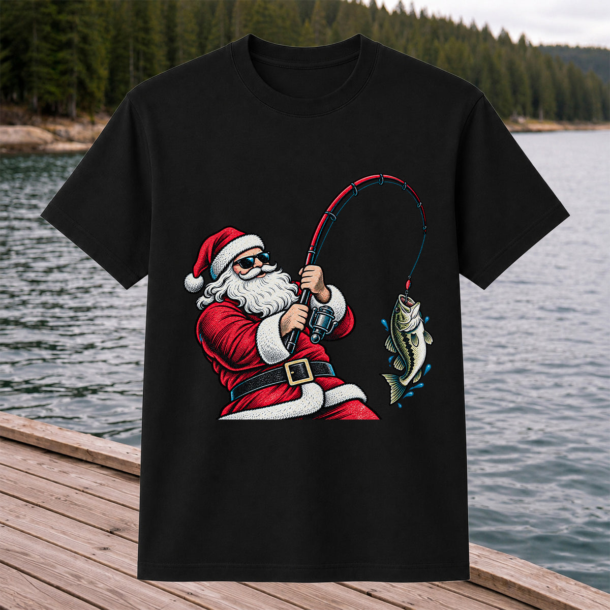 Santa Claus Catching a Bass Christmas Fishing Graphic T-Shirt