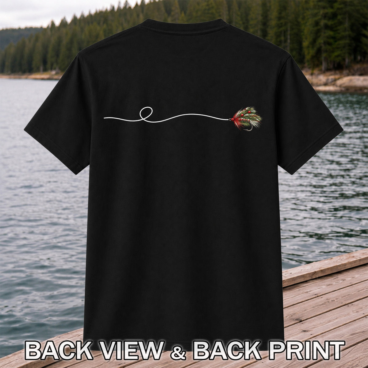 Festive Fly Fishing Lure and Line Graphic T-Shirt | Back Print