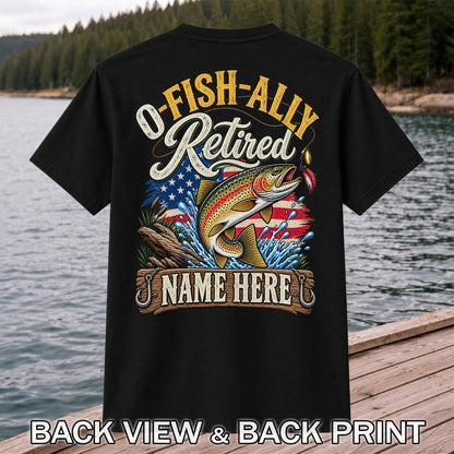 Retired Rainbow Trout American Flag Fishing T-Shirt | Back Print