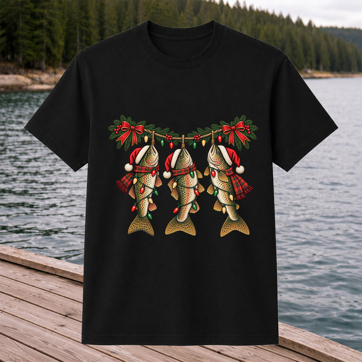 Festive Trout String Lights Christmas Fishing T-Shirt