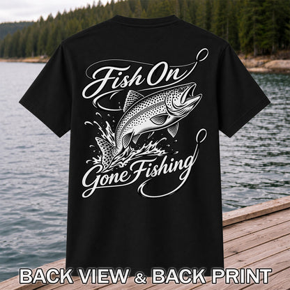 Fish On Gone Fishing Jumping Trout Graphic T-Shirt | Back Print