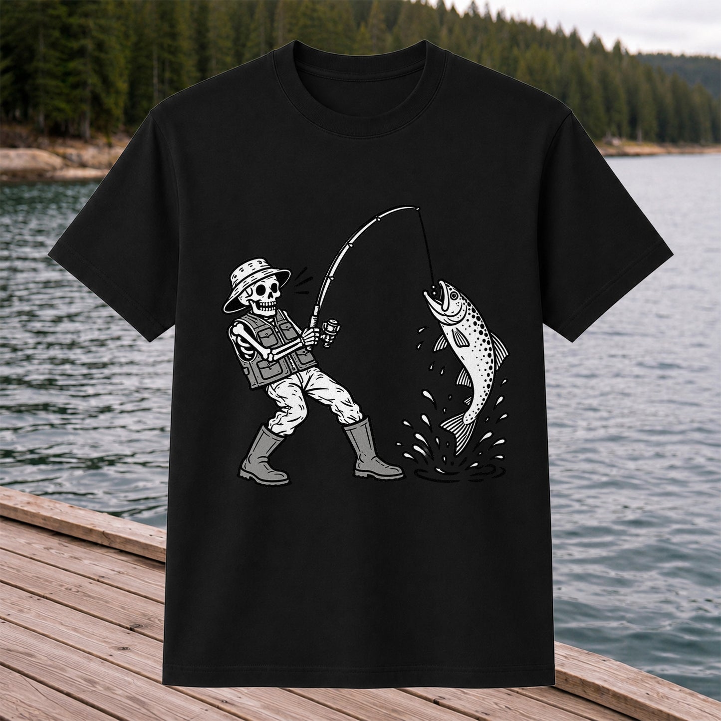 Skeleton Angler Catching a Trout Fishing Graphic T-Shirt