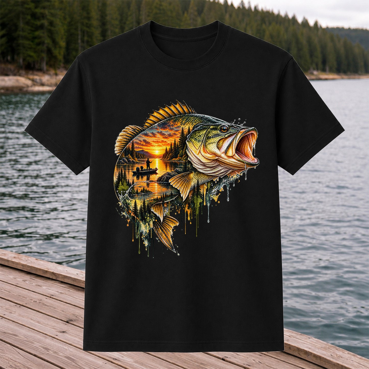 Largemouth Bass Sunset Lake Landscape Fishing Graphic T-Shirt