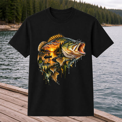 Largemouth Bass Sunset Lake Landscape Fishing Graphic T-Shirt