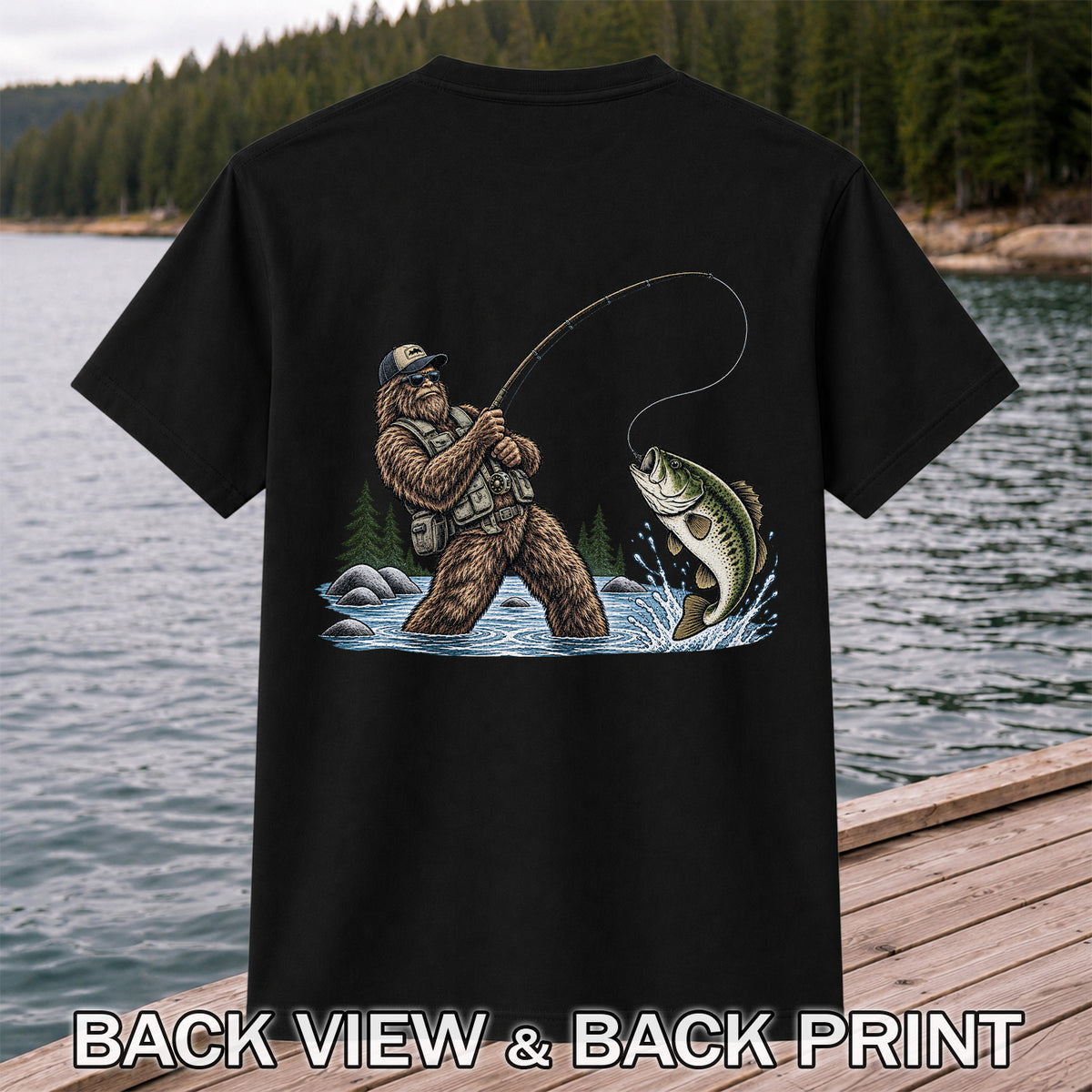 Bear Catching Bass Fishing Graphic T-Shirt | Back Print