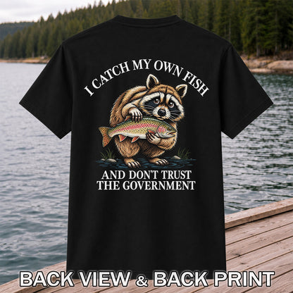 Raccoon Holding Rainbow Trout Fishing Graphic T-Shirt | Back Print