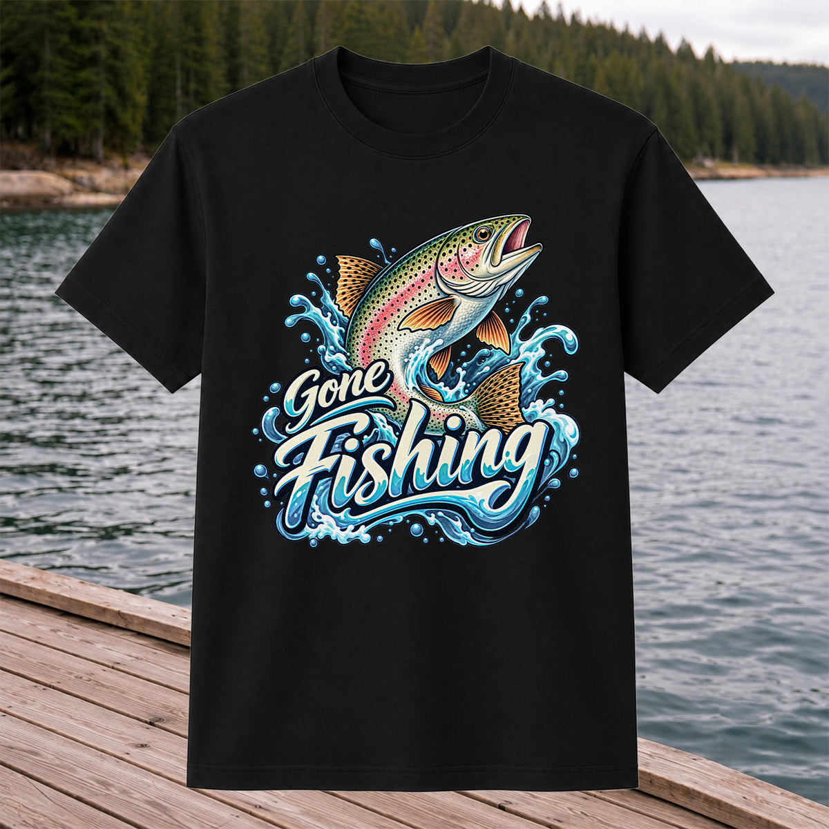 Gone Fishing Jumping Rainbow Trout Splash Graphic T-Shirt