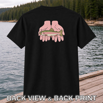 Rainbow Trout Held in Pink Hands Fishing Graphic T-Shirt | Back Print