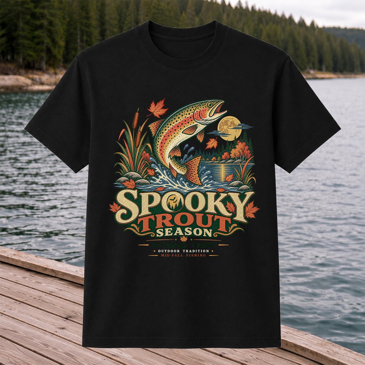 Spooky Trout Season Mid-Fall Fishing Graphic T-Shirt