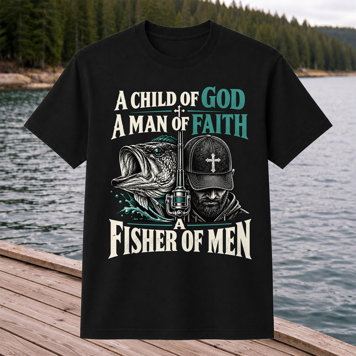 A Child of God A Man of Faith A Fisher of Men Bass Fishing T-Shirt