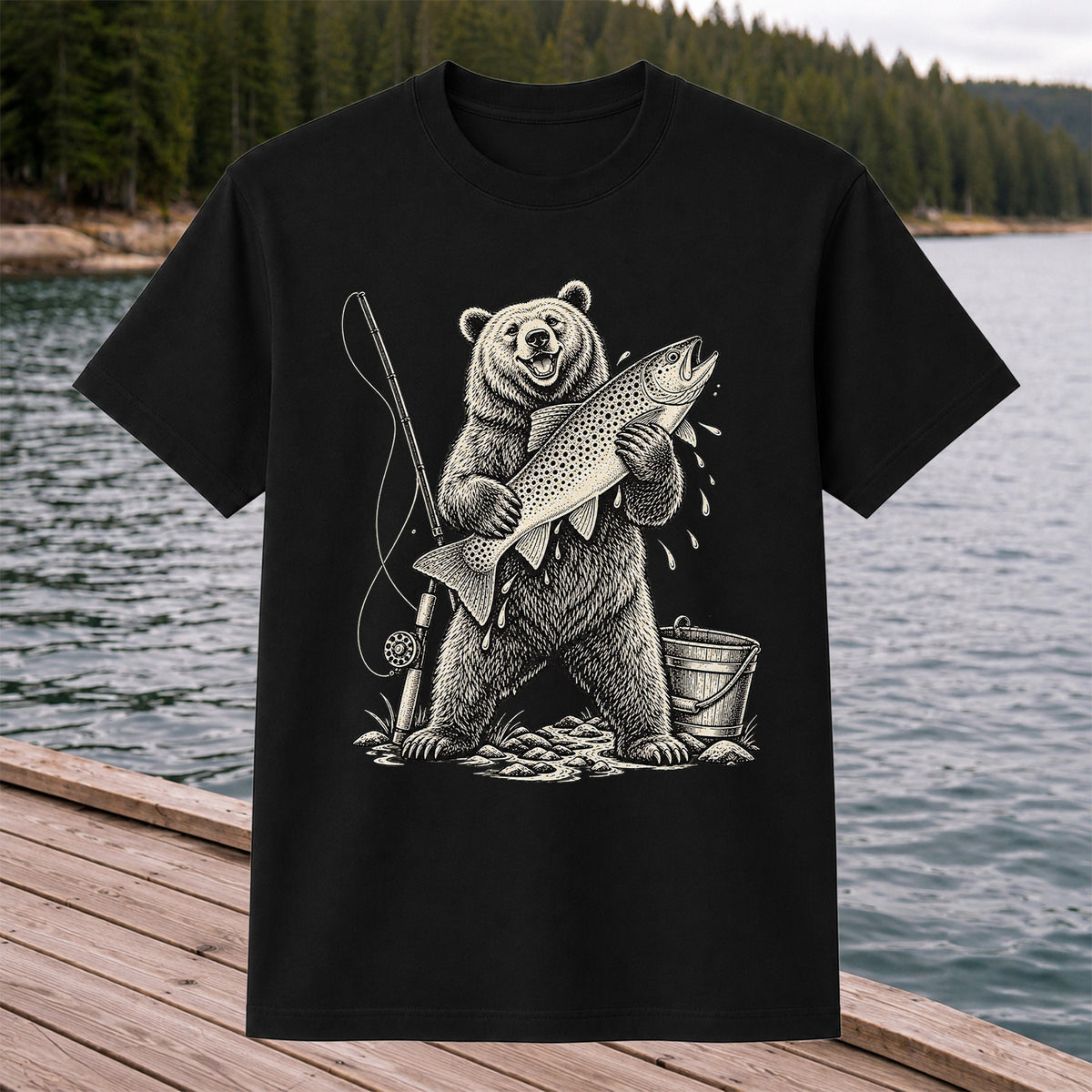 Bear Holding Trout Fishing Graphic T-Shirt