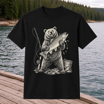 Bear Holding Trout Fishing Graphic T-Shirt