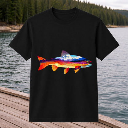 Mountain Sunset Trout Silhouette Fishing Graphic T-Shirt