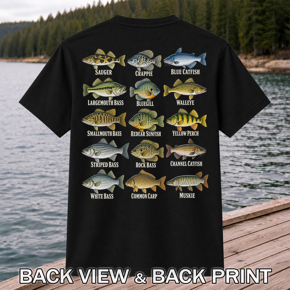 Bass Crappie and Catfish Freshwater Fish Chart Graphic T-Shirt | Back Print