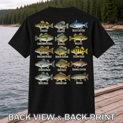Bass Crappie and Catfish Freshwater Fish Chart Graphic T-Shirt | Back Print