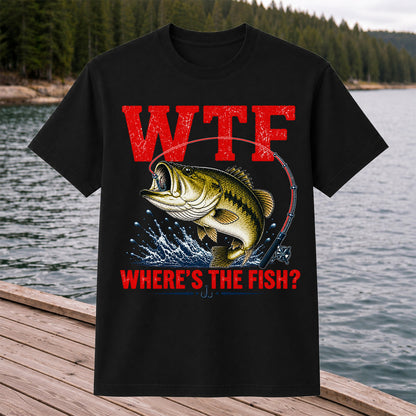 WTF Where's the Fish Largemouth Bass Funny Fishing T-Shirt