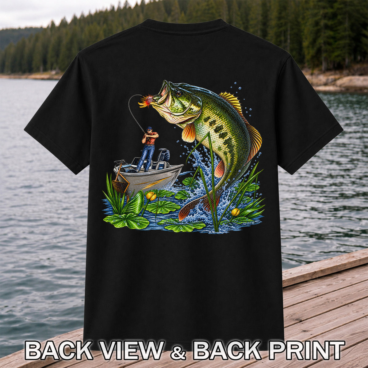 Jumping Largemouth Bass and Boat Angler Fishing Graphic T-Shirt | Back Print