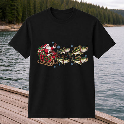 Santa in a Sleigh Pulled by Bass Christmas Fishing Graphic T-Shirt