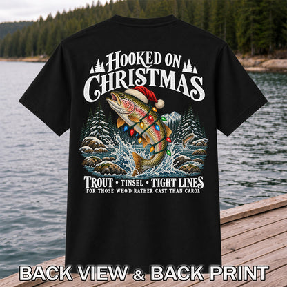Hooked on Christmas Rainbow Trout Fishing Graphic T-Shirt | Back Print