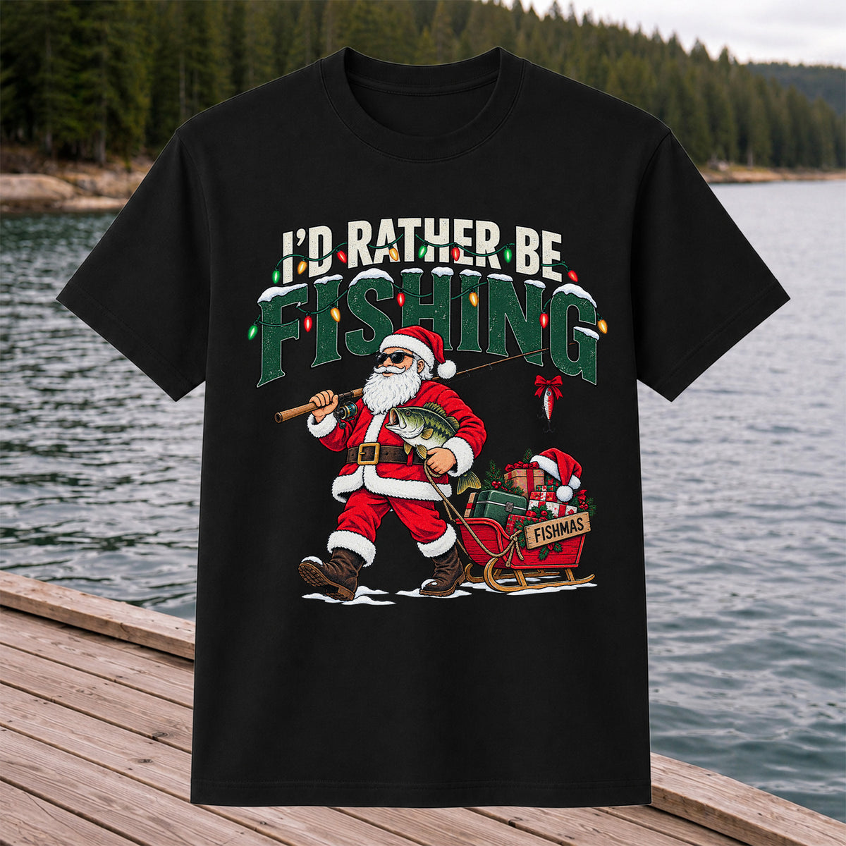 Santa Fishing with Bass Christmas Graphic T-Shirt