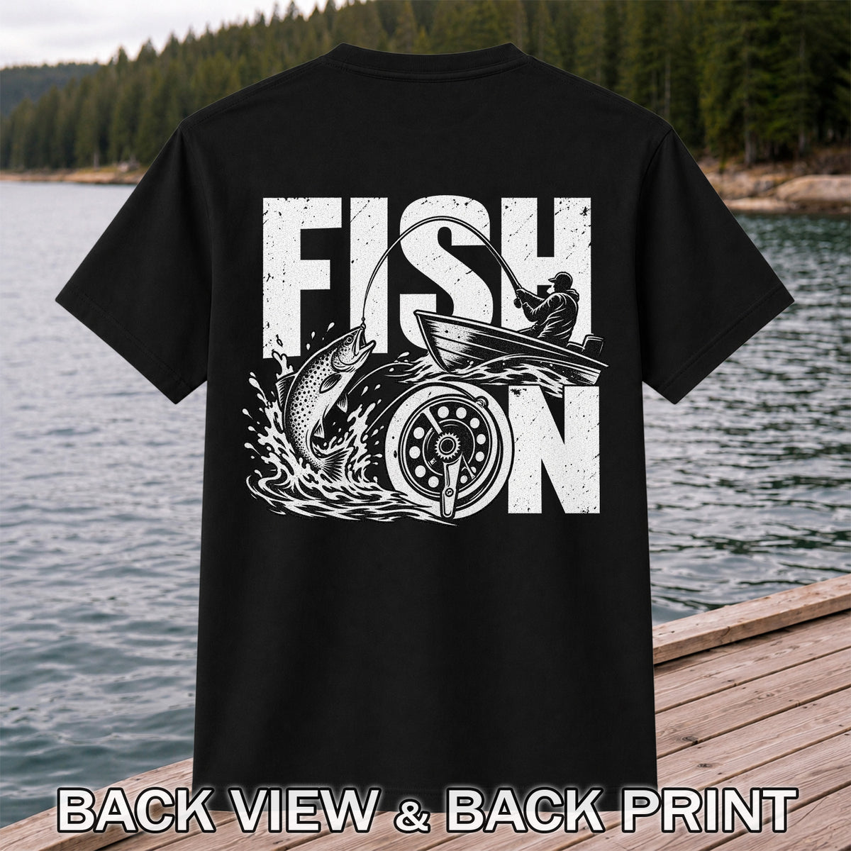 Fish On Jumping Trout and Fishing Boat Graphic T-Shirt | Back Print