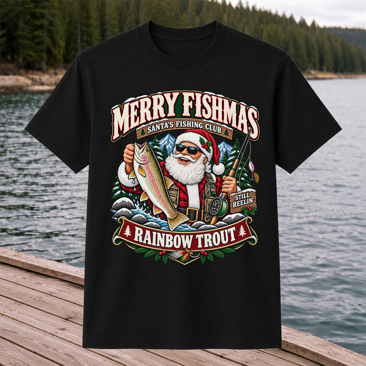 Merry Fishmas Santa's Fishing Club Still Reelin' Rainbow Trout Christmas T-Shirt