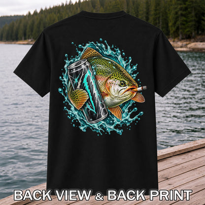 Rainbow Trout with Cigarette and Energy Drink Fishing T-Shirt | Back Print