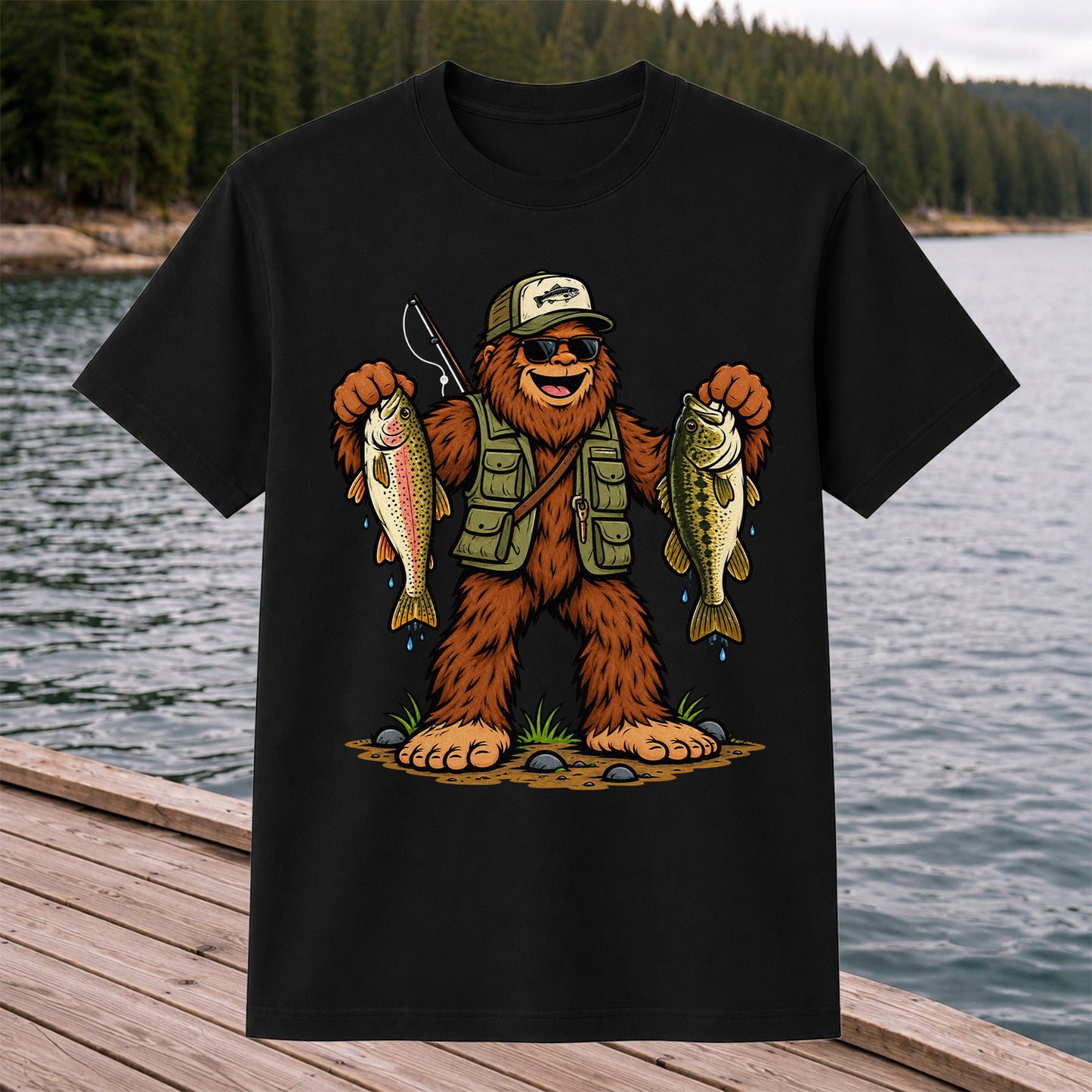 Bigfoot Holding Rainbow Trout and Bass Fishing Graphic T-Shirt