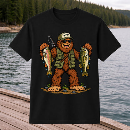 Bigfoot Holding Rainbow Trout and Bass Fishing Graphic T-Shirt