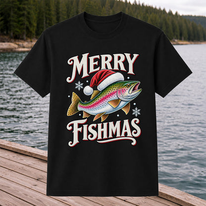 Merry Fishmas Rainbow Trout in a Santa Hat Christmas Fishing T-Shirt