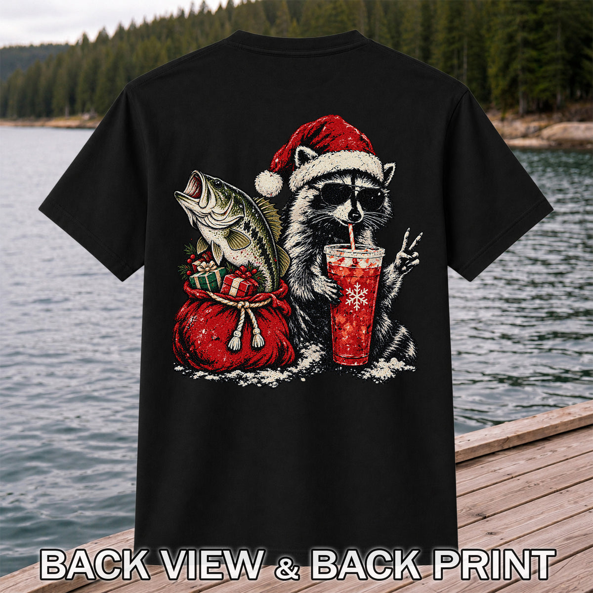 Santa Raccoon Sharing a Bass Christmas Fishing Graphic T-Shirt | Back Print