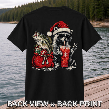Santa Raccoon Sharing a Bass Christmas Fishing Graphic T-Shirt | Back Print