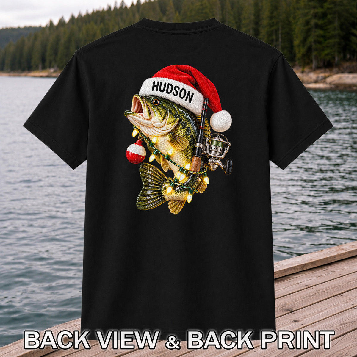 Hudson Santa Hat Bass Christmas Fishing Graphic T-Shirt | Back Print