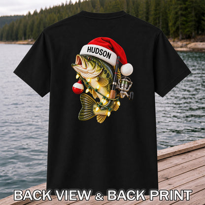 Hudson Santa Hat Bass Christmas Fishing Graphic T-Shirt | Back Print