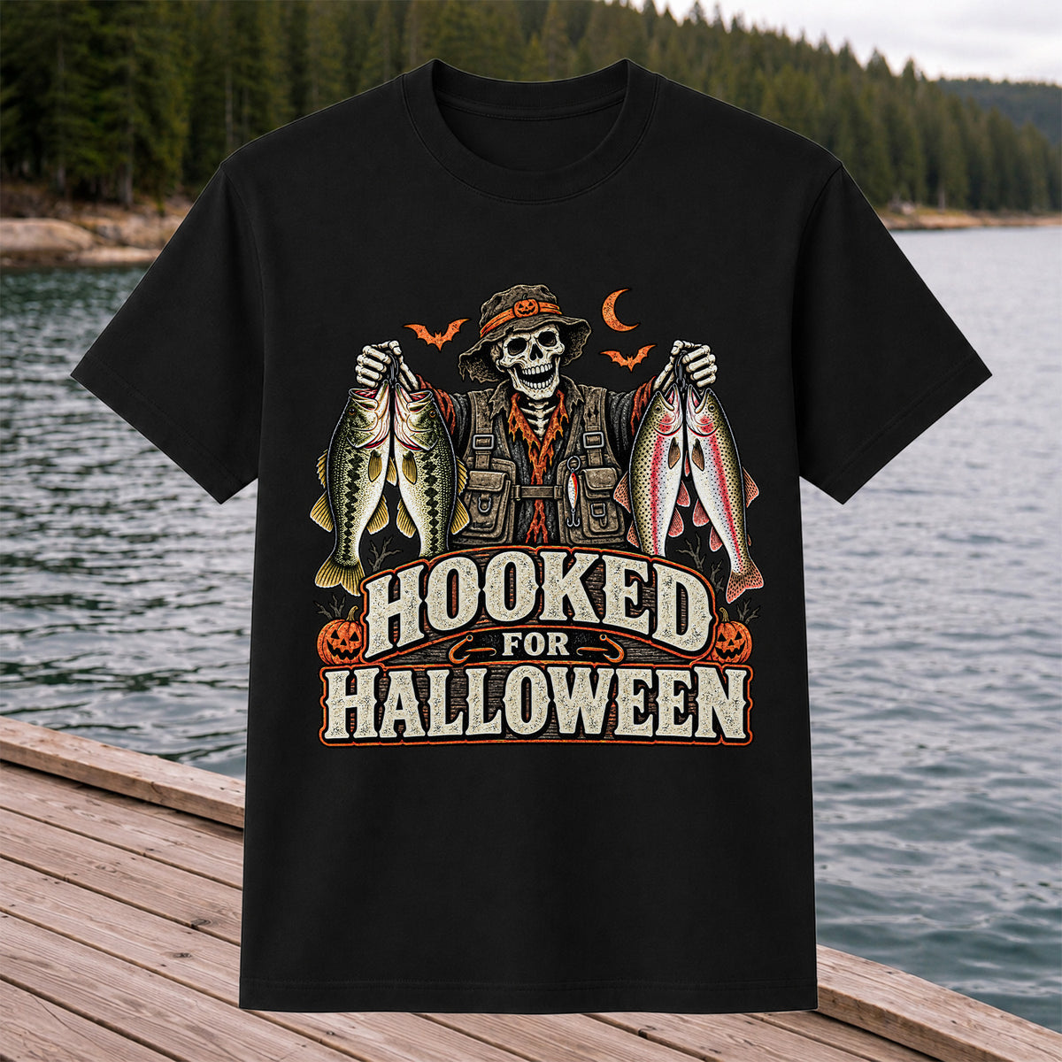 Hooked for Halloween Skeleton Angler with Bass and Trout Fishing T-Shirt