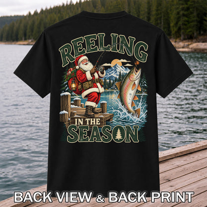 Reeling in the Season Santa Fishing for Rainbow Trout Christmas T-Shirt | Back Print
