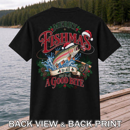 Merry Fishmas to All and to All a Good Bite Rainbow Trout T-Shirt | Back Print