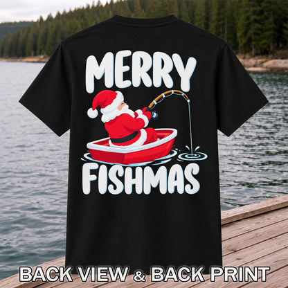 Santa Claus Boat Fishing Christmas Graphic T-Shirt | Back Print