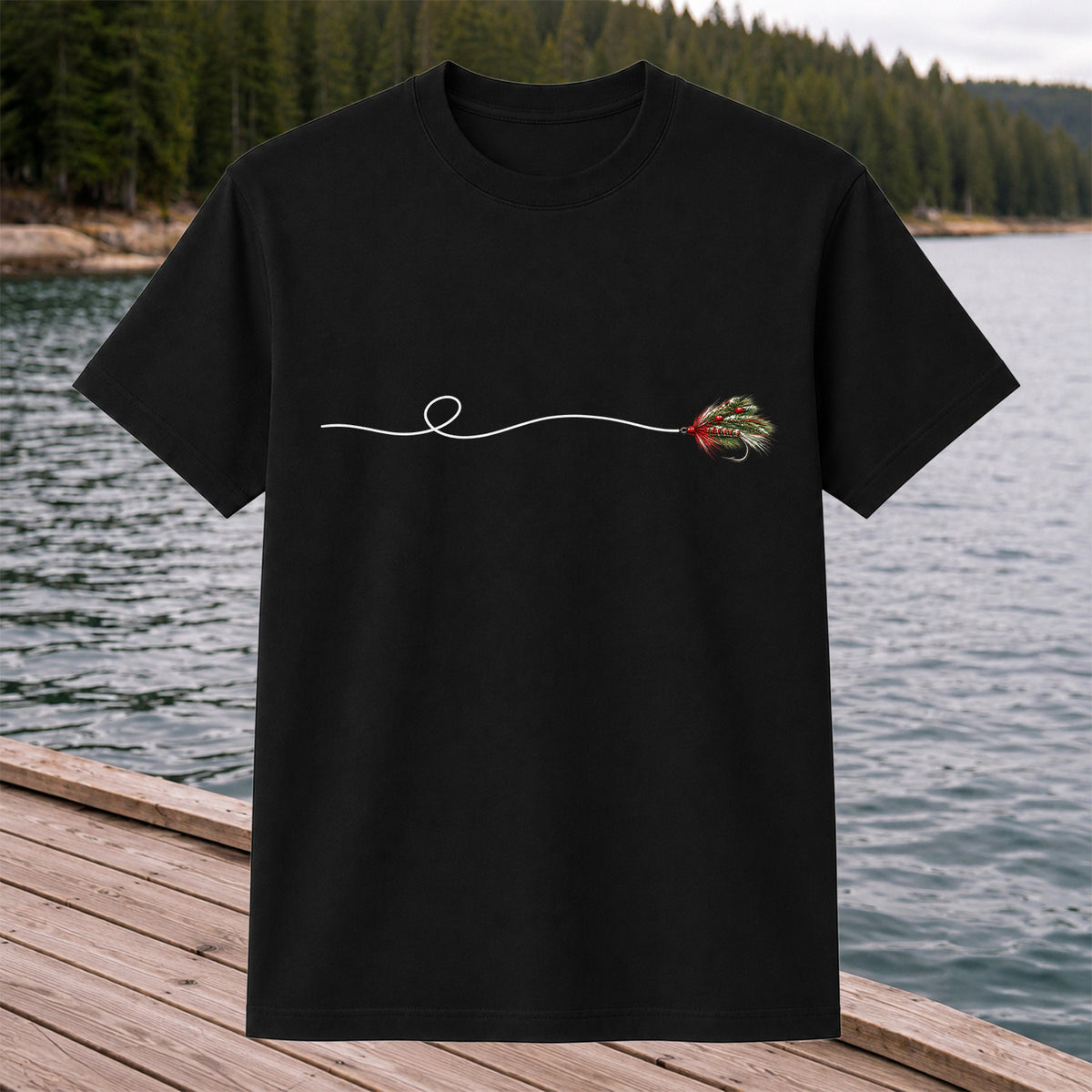 Festive Fly Fishing Lure and Line Graphic T-Shirt